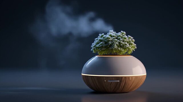 Modern aromatherapy diffuser with plant and vapor against a dark backdrop