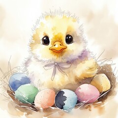 A cute, fluffy chick sitting in a nest surrounded by colorful Easter eggs. Concept of spring, new life, and Easter celebrations