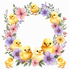 A charming and colorful illustration of fluffy yellow chicks surrounded by pastel-colored flowers in a round wreath shape. Concept of spring, new beginnings, and Easter cheer