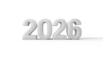Minimalist white 2026 numeric sculpture on a clean white background.