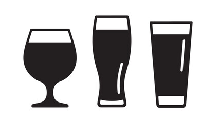 Three black glass silhouettes of different beer styles on transparent background