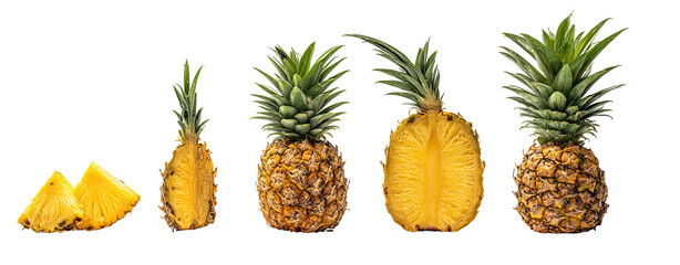 Fresh pineapples, whole and sliced, on a black background