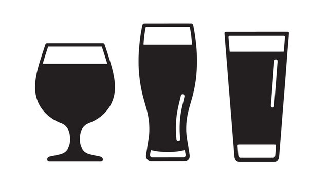 Three black glass silhouettes of different beer styles on transparent background