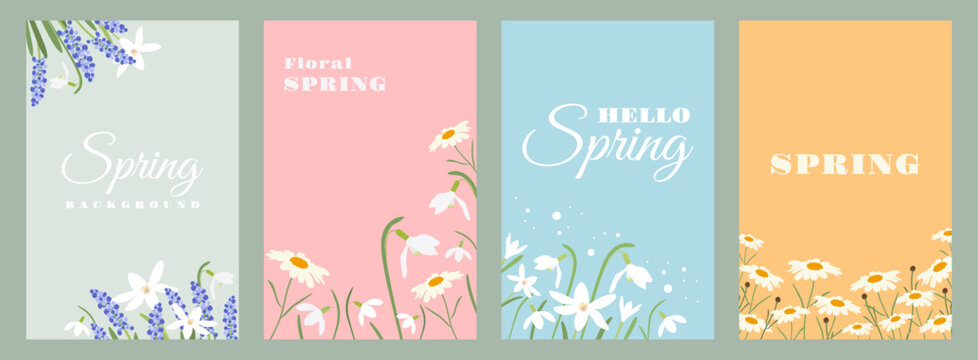 Set of 4 spring banners in soft pastel tones with wildflowers. Gentle floral vector backgrounds for web, social media, posters, seasonal design, branding, invitations and creative projects.