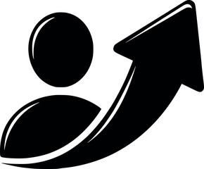 vector illustration of a user silhouette with an upward curved arrow, social media success and follower growth concept, design with solid black fill and empty spaces without white color