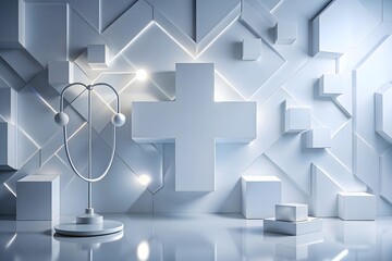 Minimal medical interior with stethoscope and large white cross symbol, modern healthcare concept, clinical design, hospital service and professional medicine background