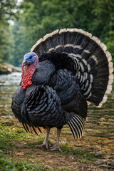 &ldquo;Male Turkey with Fanned Tail Standing by a Clear Forest Stream&rdquo;