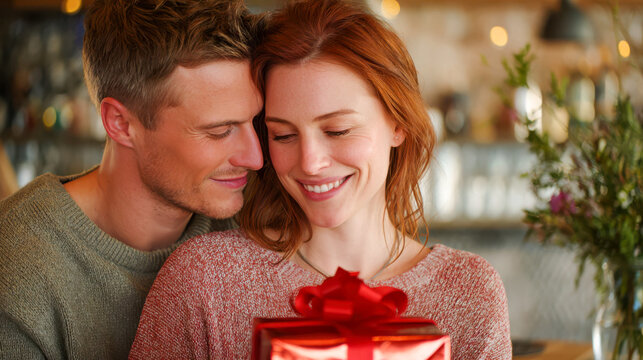 Couple enjoys a special moment while sharing a gift in a cozy setting during a festive time