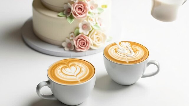 A beautifully crafted latte in a blue mug with intricate leaf design on top, perfect for coffee shops, cafes, or breakfast promotions