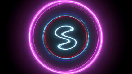 Abstract neon glowing spiral and circles on black background digital art technology concept