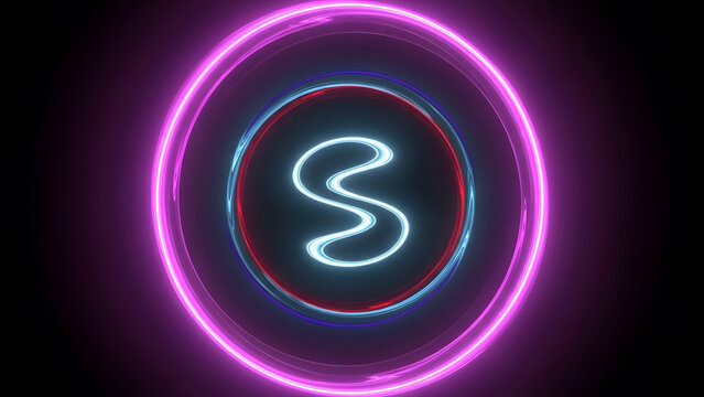 Abstract neon glowing spiral and circles on black background digital art technology concept - Powered by Adobe