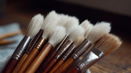 Group of paintbrushes arranged in a row on a wooden surface. the brushes have wooden handles and white bristles. the handles are made of metal and have a shiny finish.