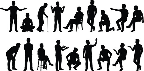 Human posture icon set, silhouette gestures, seated and standing poses, black vector graphics, body language theme, lifestyle illustration © Sopon Creatives