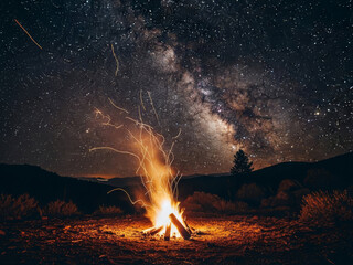 Campfire glowing beneath the Milky Way in a quiet mountain wilderness night