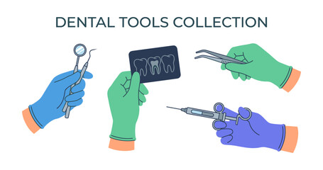 Dentist hands holding various dental tools and x ray