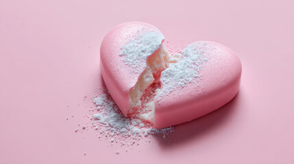 Heart shaped candy broken open showing inner filling and sugar on a pink background