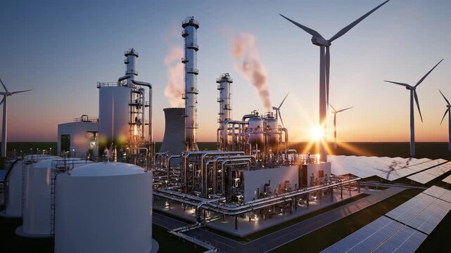 Industrial complex with wind turbines, solar panels, and storage tanks, under a sunset glow at dusk