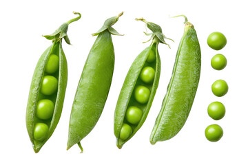 Four split pea pods, each filled with plump peas, displayed next to loose peas