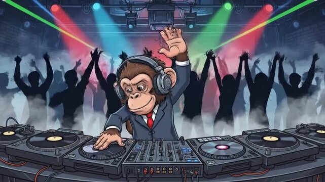 Cartoon Monkey DJ Performing Live in Nightclub with Dancing Crowd