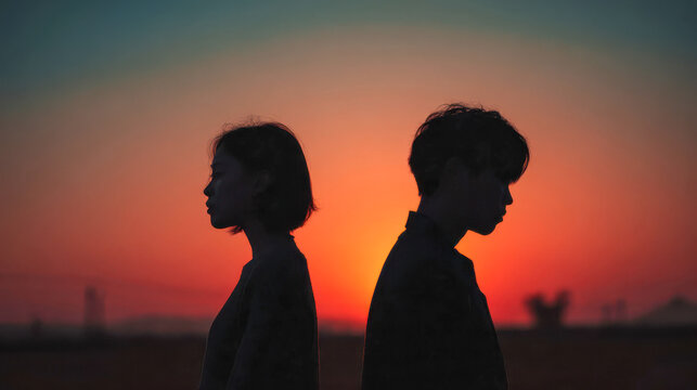 Couple stands back to back during sunset in open field with colorful sky and shadows cast on ground