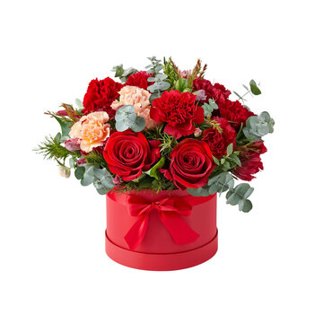 Red Hat Box Arrangement of Red and Peach Flowers flower arrangement isolated on a transparent background
