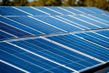 Blue solar panel array stretches out, gleaming with sun's energy for a brighter future
