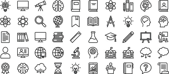 Education science icon set, learning research symbols, academic knowledge tools, school study elements, outline style, cad drawing flat vector illustration © Empowerment angle 