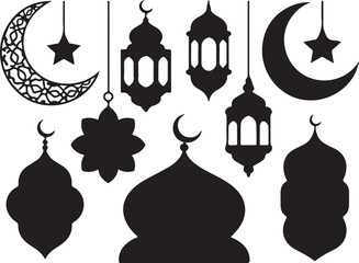 Elegant islamic decorations featuring crescent moons lanterns and mosque silhouettes