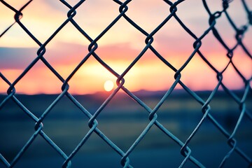 Naklejka premium Chain link fence with vibrant sunset background scenery