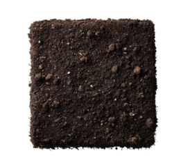 Square block of dark brown soil.  Top down view, close up.  Texture shows small bits of organic matter and pebbles