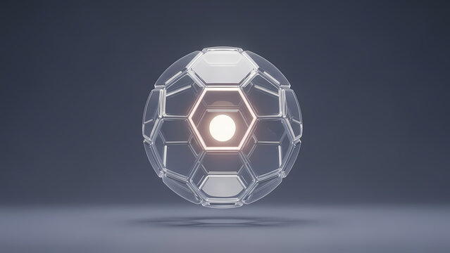 Futuristic glowing geometric sphere with hexagonal pattern on dark background