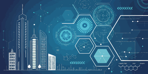 Modern futuristic city skyline with technology innovation network hexagonal graphics and data visualization