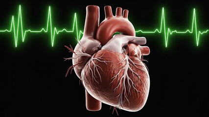 Anatomical heart model with green heartbeat line against black background