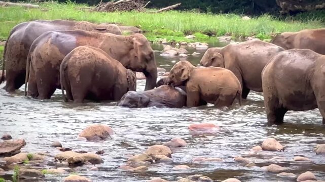 Herd of elephants drinking water in the river Munnar Kerala India. Elephants fighting playing wild life in national park forest. 