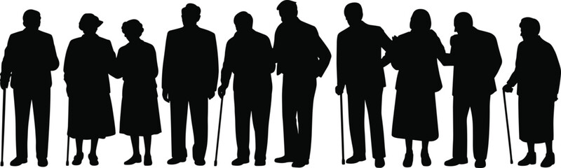 Elderly people silhouette, senior citizens standing, group of old men and women, cane support, aging society, healthcare concept, flat vector