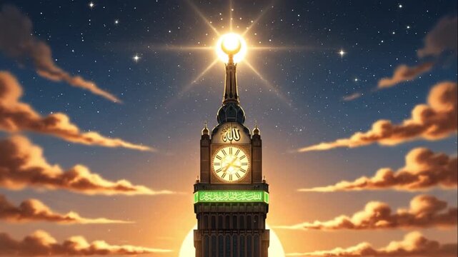Mecca Clock Tower Magnificent Night Sky Glow Animation