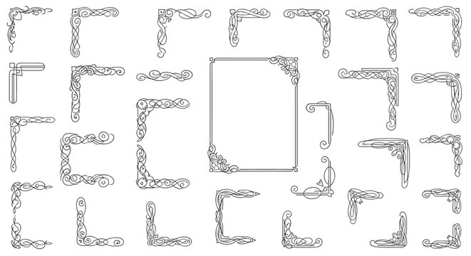 Extensive set of elegant black and white vintage corner ornaments and frames for classic document borders and formal stylish wedding invitations.