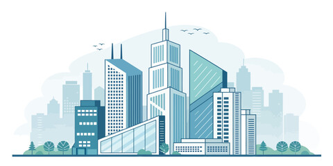 Modern city skyline with sleek glass skyscrapers in urban downtown business district landscape