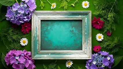 Rustic Wooden Frame with Spring Flowers on Green Background &ndash; Vintage Floral Border Design