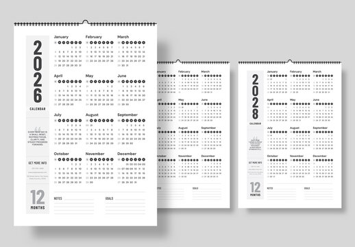 Minimal Calendar Template Design for Years 2026 2027 and 2028
