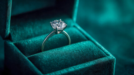 Elegant ring displayed in velvet box with soft lighting and rich colors in a cozy setting during evening
