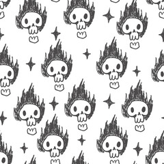 Seamless pattern with scull in fire in hand drawn style.Element for decoration design print background backdrop wrapping wallpaper banner textile