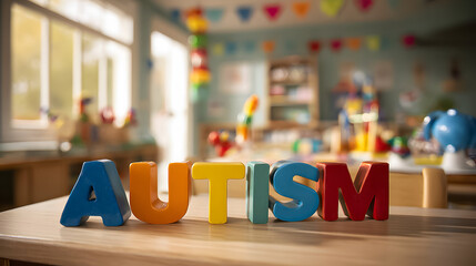 Colorful letters spell autism in a classroom with toys and decorations during a learning activity for children