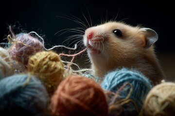 a hamster sniffing tiny yarn