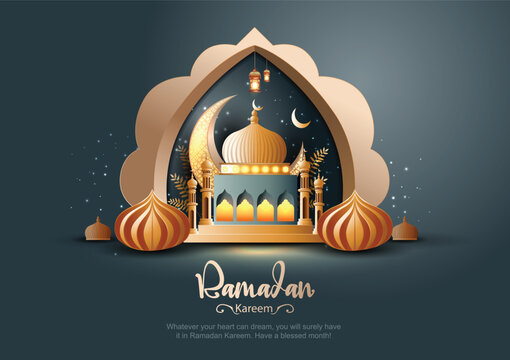 Eid mubarak and Ramadan Kareem art greetings with mosque and blue background. abstract vector illustration design.