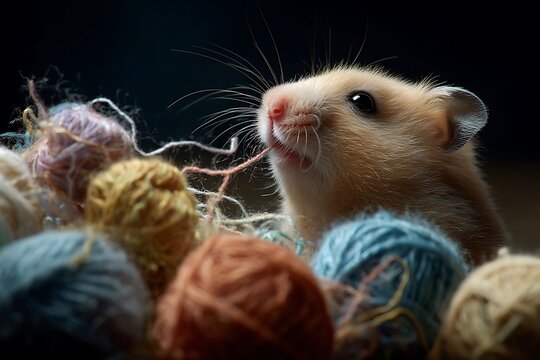 a hamster sniffing tiny yarn