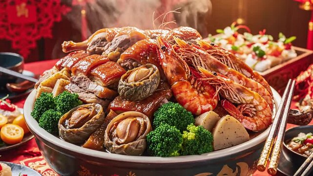 A lavish seafood platter piled with lobster, abalone, broccoli, lemon wedges amid red festive decor