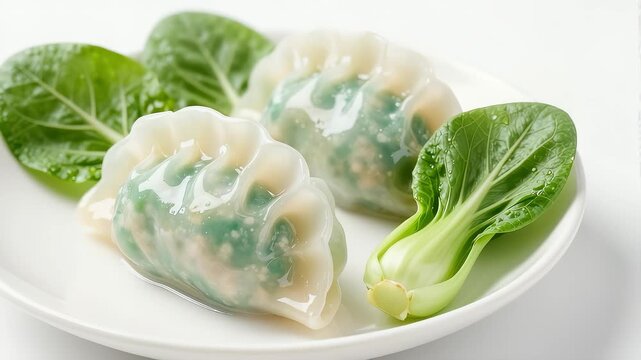 Translucent vegetable dumplings and bok choy on white plate