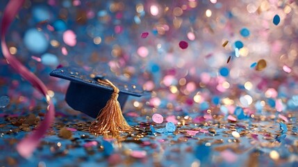 Graduation mortarboard on reflective surface with colorful confetti and ribbons falling into a vibrant bokeh backdrop, symbolizing celebration, achievement and future success