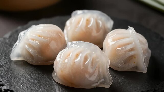 Translucent Steamed Shrimp Dumplings on Black Plate
